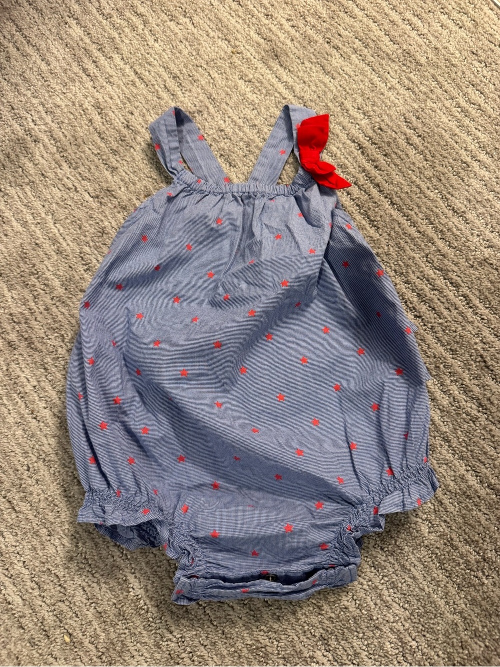 GAP Light Blue Baby Romper with Red Star Print and Red Bow Accent
